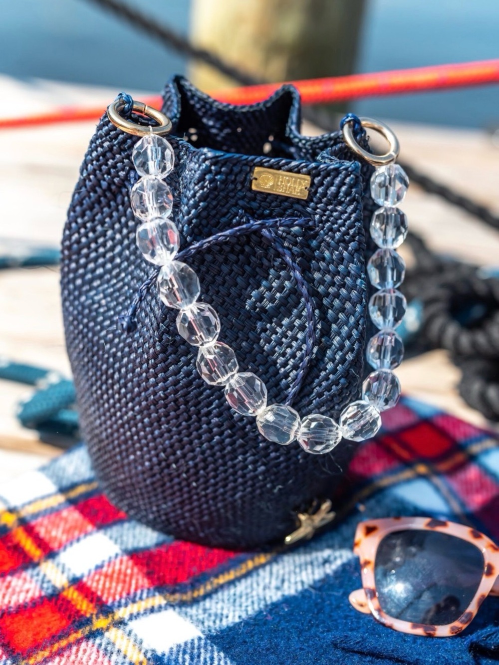 Holly Shae Woven Blue Bucket Bag  Crystal Bead Handle  Like New - Picture 4 of 7